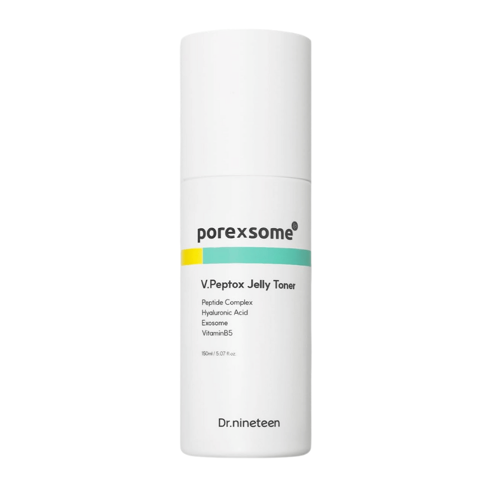 Produktbillede af Dr.nineteen Porexsome V.Peptox Jelly Toner i hvid flaske. En fugtgivende toner med peptider, exosomer og vitamin B5.
