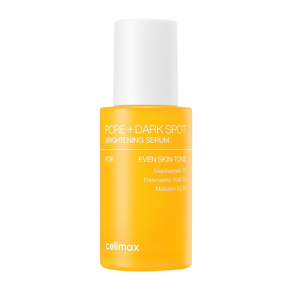 Celimax Pore + Dark Spot Brightening Serum i stående gul flaske med hvid kork, indeholder niacinamid, tranexaminsyre og Melazero.