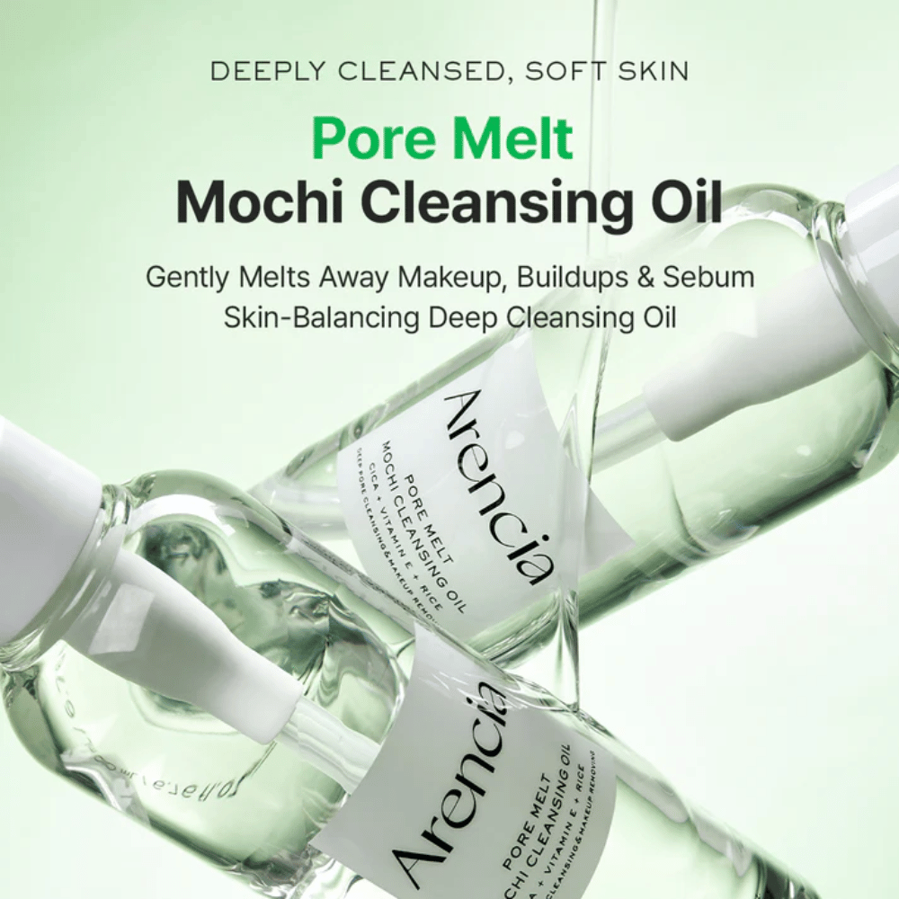 Produktbillede med fordele for Arencia Pore Melt Mochi Cleansing Oil, opløser makeup og talg, støtter hudbarrieren og efterlader huden blød uden stramhed.