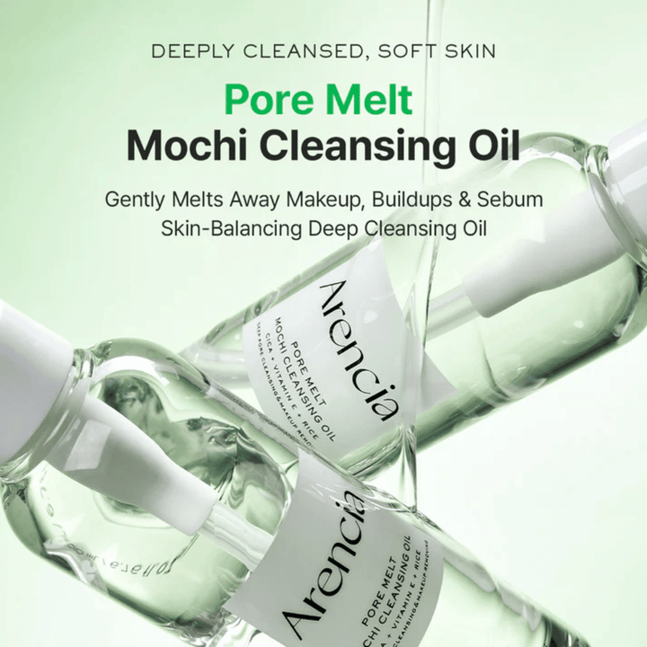 Produktbillede med fordele for Arencia Pore Melt Mochi Cleansing Oil, opløser makeup og talg, støtter hudbarrieren og efterlader huden blød uden stramhed.