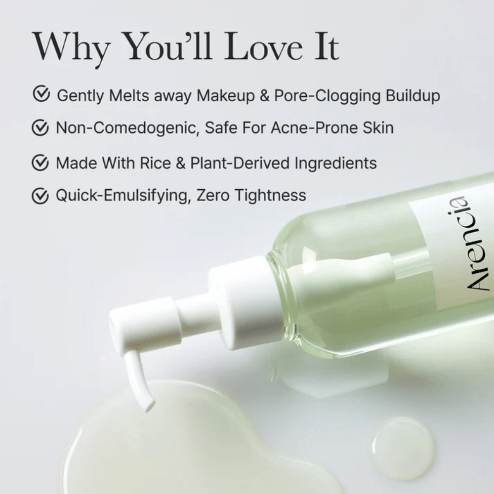 Informationsbillede om Arencia Pore Melt Mochi Cleansing Oil som 100 % porvenlig og ikke-komedogen, udviklet til følsom og akne-udsat hud.