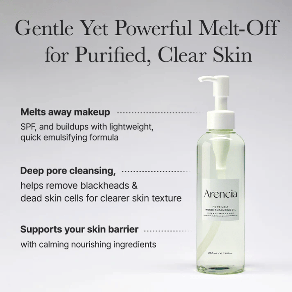 Arencia Pore Melt Mochi Cleansing Oil i fuld visning med tekst om dybderensning, opløser makeup, SPF og urenheder samtidig med at hudens fugtbalance bevares.