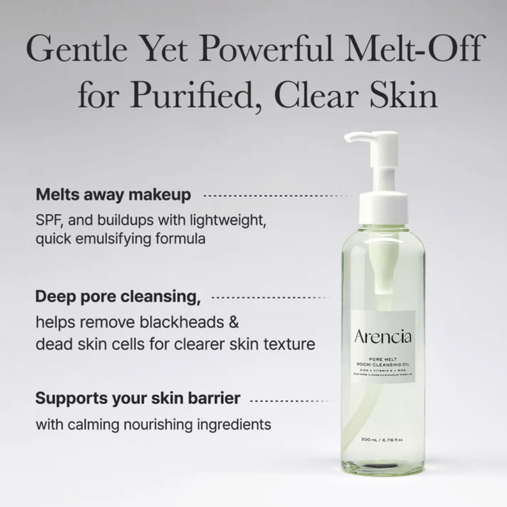 Arencia Pore Melt Mochi Cleansing Oil i fuld visning med tekst om dybderensning, opløser makeup, SPF og urenheder samtidig med at hudens fugtbalance bevares.