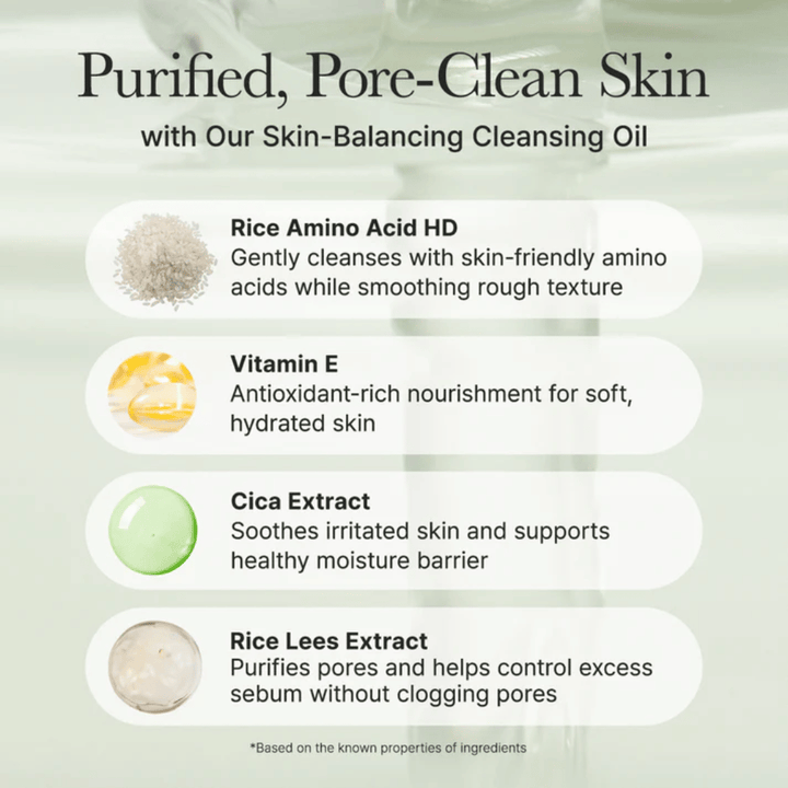 Ingrediensoversigt for Arencia Pore Melt Mochi Cleansing Oil med rice amino acid, vitamin E, cica-ekstrakt og rice lees extract for skånsom rensning og styrket hudbarriere.