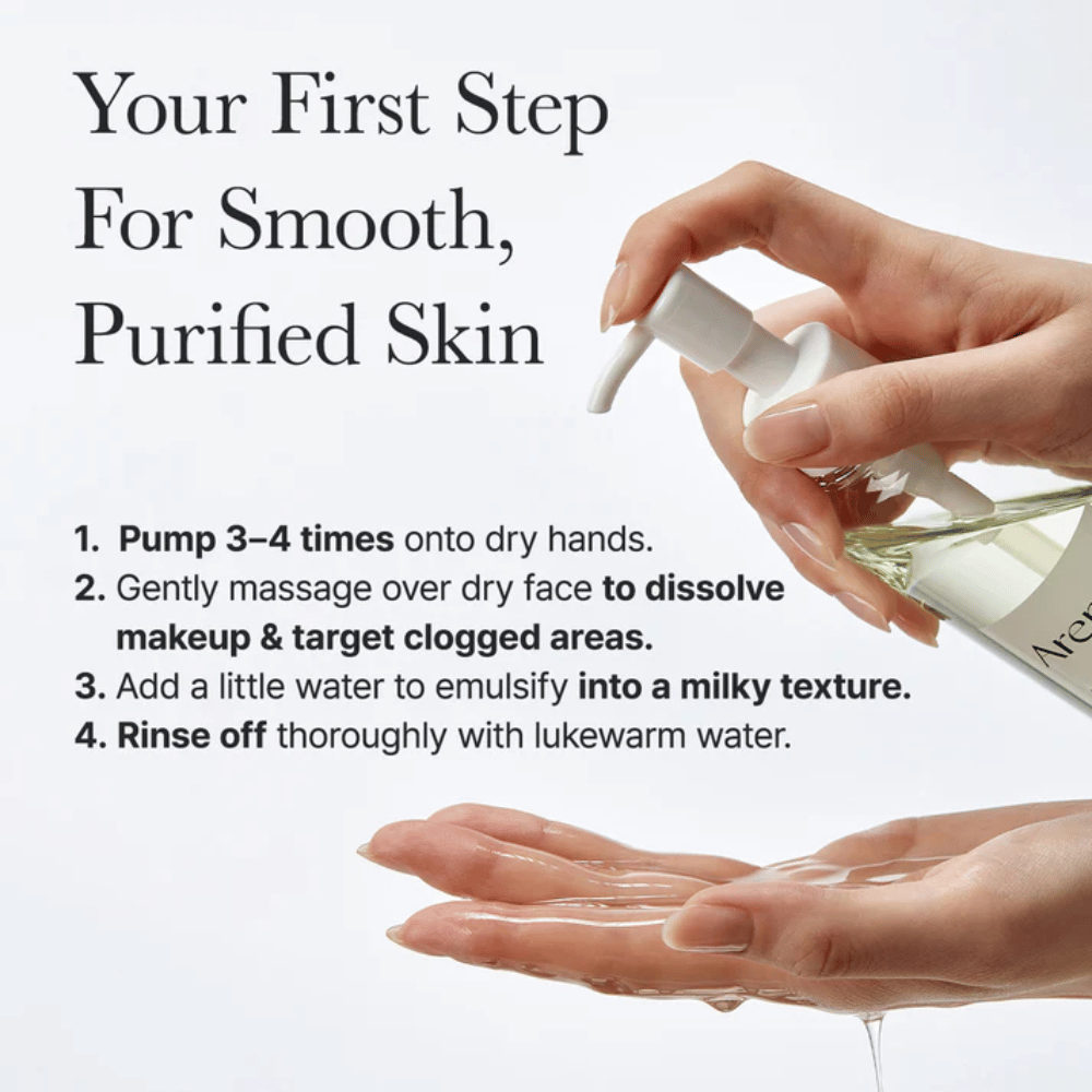 Instruktionsbillede der viser hvordan Arencia Pore Melt Mochi Cleansing Oil anvendes som første trin i rensningsrutinen for glattere, renere og mere balanceret hud.