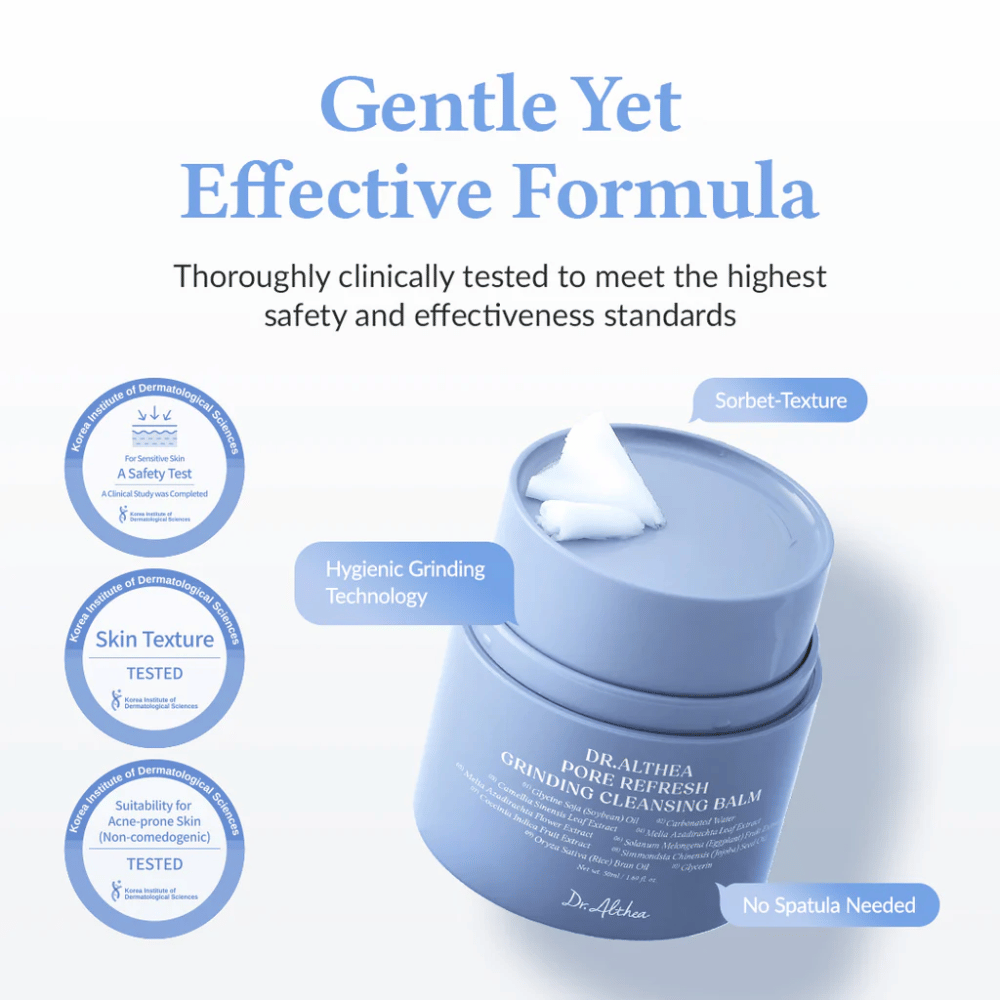 Dr.Althea Pore Refresh Grinding Cleansing Balm med teksten "Gentle Yet Effective Formula" ovenfor. Krukken har en sorbet-textur med hygiejnisk maleteknologi og kræver ingen spatel til brug. Klinisk testet for følsom hud og akne-udsat hud (ikke-komedogen).