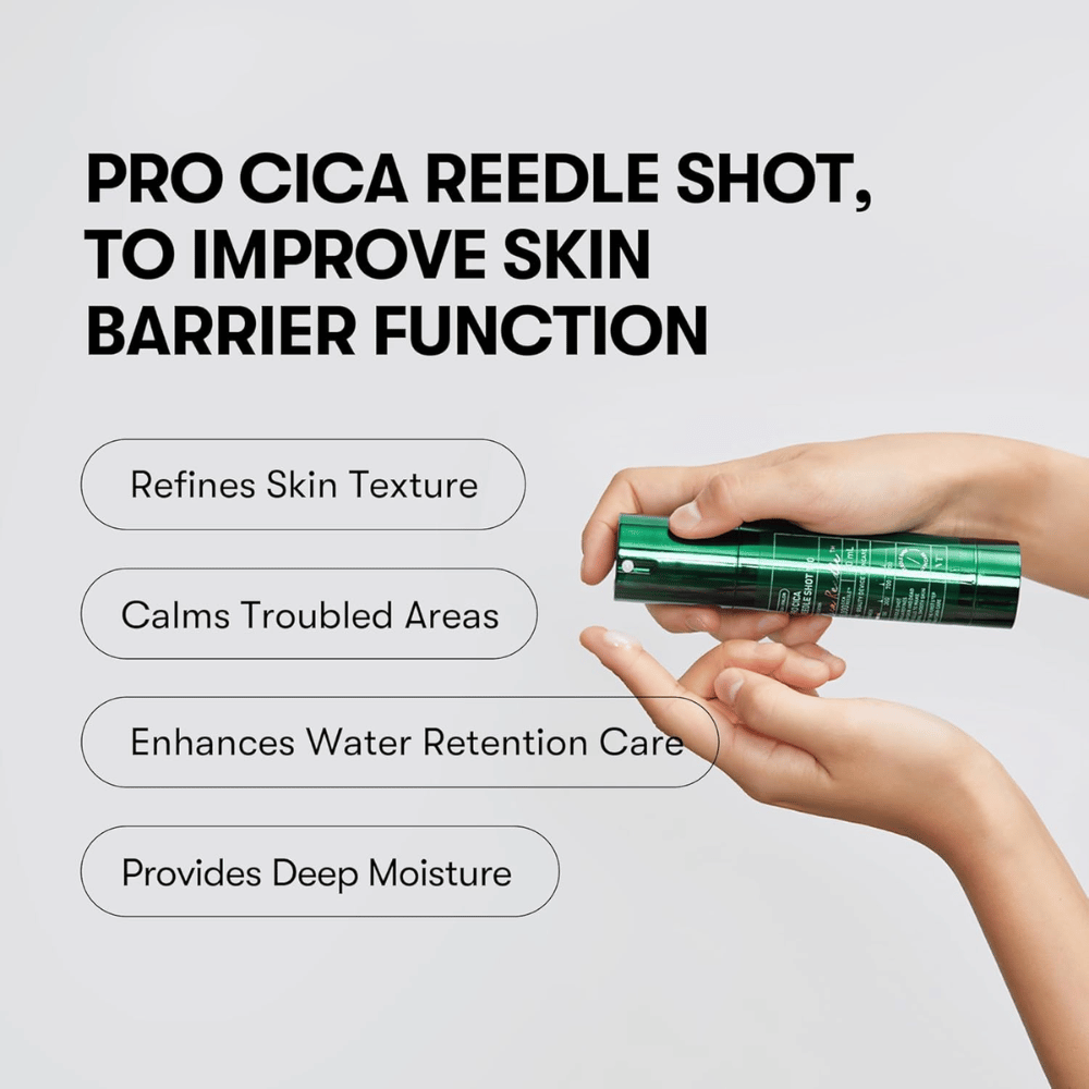 VT Cosmetics Pro Cica Reedle Shot 100 påføres huden for at forbedre hudbarrieren, berolige sensitiv hud og give dyb fugtning