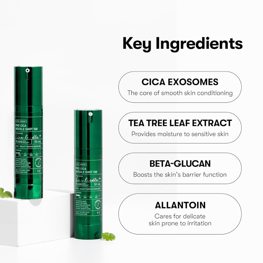 VT Cosmetics Pro Cica Reedle Shot 100 med nøgleingredienser som CICA exosomer, tea tree-ekstrakt, beta-glucan og allantoin til beroligende og barriereforstærkende hudpleje