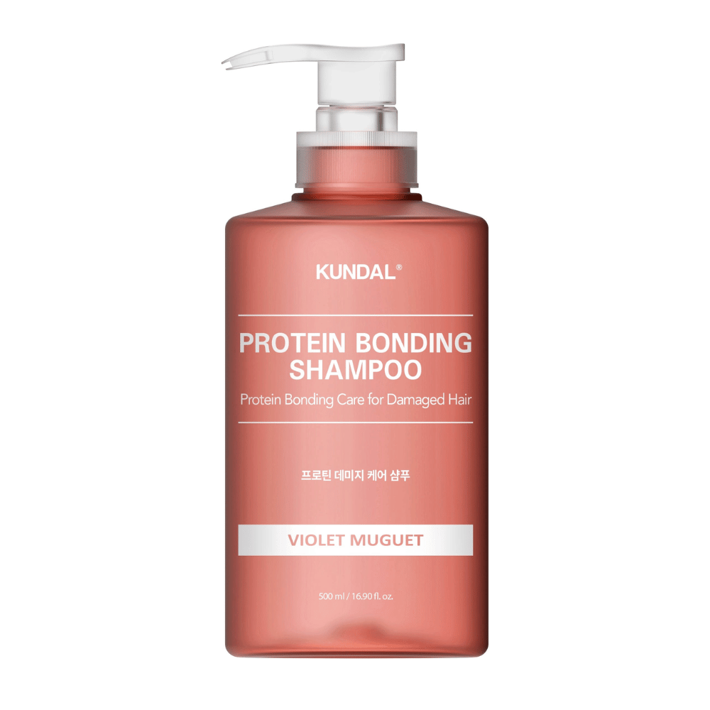 KUNDAL Protein Bonding Shampoo Violet Muguet 500 ml i pumpeflaske mod hvid baggrund.