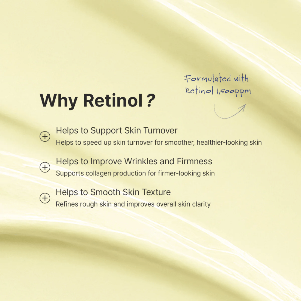 Guidebillede, der forklarer, hvordan retinol bør introduceres i hudplejerutinen. Fokus er på at bruge en mængde på størrelse med en ært, begynde 1–2 gange om ugen og påføre om aftenen. Billedet indeholder også vigtig information om forsigtighed ved graviditet, amning og eventuel irritation.