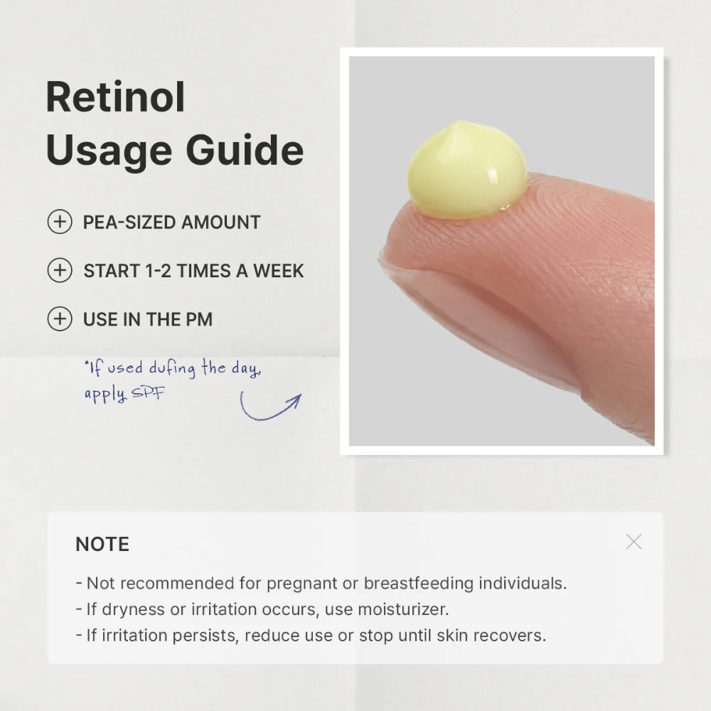 Guidebillede, der forklarer, hvordan retinol bør introduceres i hudplejerutinen. Fokus er på at bruge en mængde på størrelse med en ært, begynde 1–2 gange om ugen og påføre om aftenen. Billedet indeholder også vigtig information om forsigtighed ved graviditet, amning og eventuel irritation.