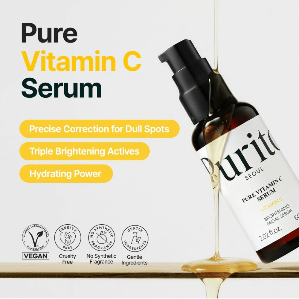 Purito SEOUL Pure Vitamin C Serum med C-vitamin, fugtgivende bambusvand og glødgivende ingredienser – vegansk og cruelty-free formel uden syntetisk parfume.
