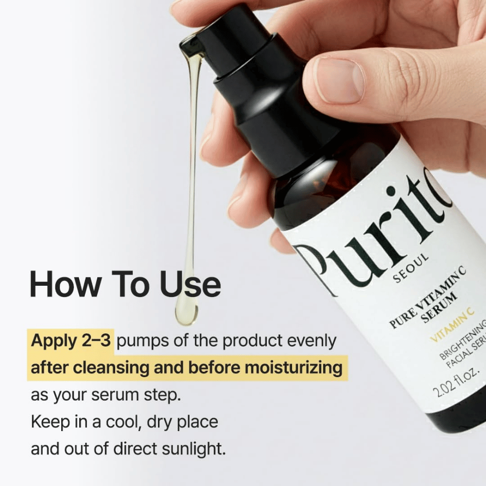 Sådan bruger du Purito SEOUL Pure Vitamin C Serum – påfør 2–3 pump efter rens og før ansigtscreme som serumtrinnet i hudplejerutinen.