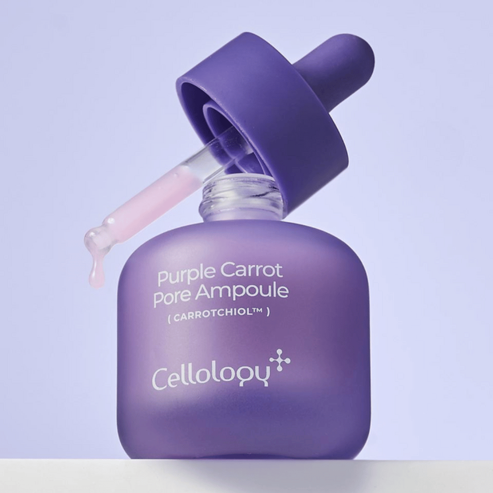 Cellology Purple Carrot Pore Ampoule med pipette, som viser ampullens bløde, cremede konsistens.