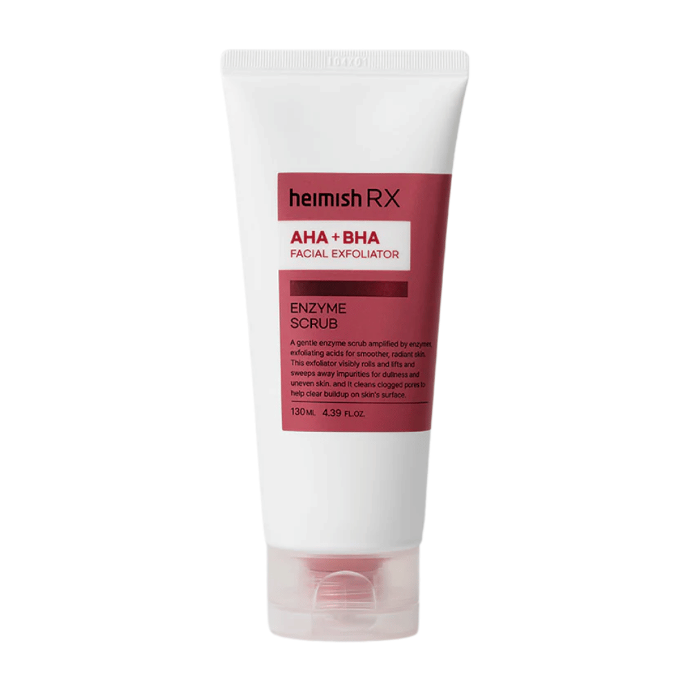 Heimish RX AHA + BHA Enzyme Scrub i en hvid tube med rød etiket. En ansigtseksfoliator, der indeholder AHA og BHA for at fjerne urenheder og forbedre hudens tekstur. Produktet er placeret mod en hvid baggrund.