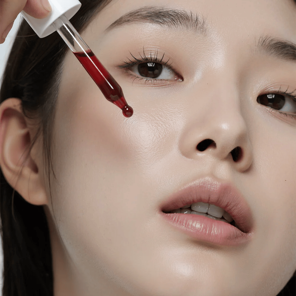 Nærbillede af en kvinde med glat hud, der anvender Heimish RX AHA BHA 30% Peeling Serum med en pipette, hvor en rød dråbe er på vej til at ramme hendes kind.