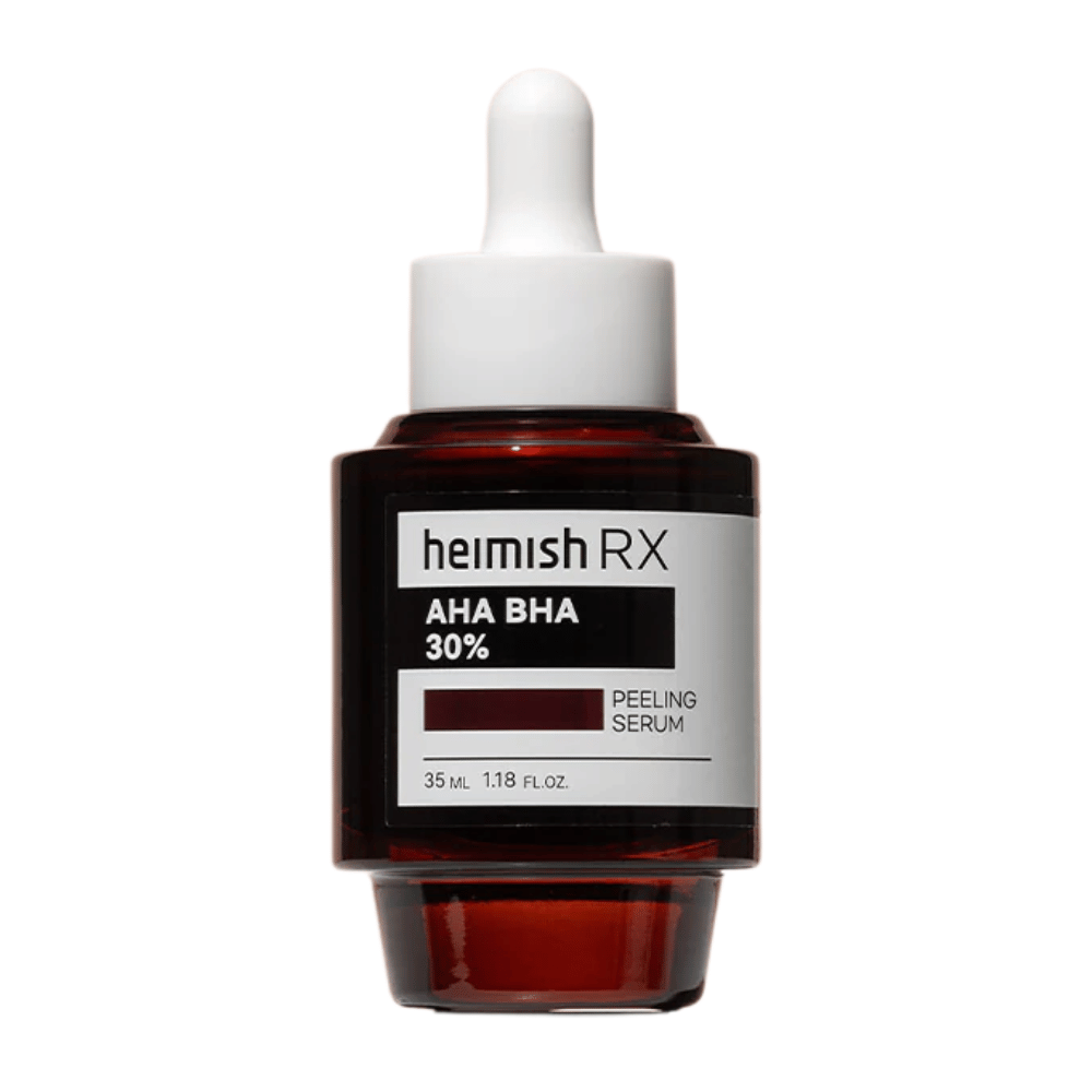 Heimish RX AHA BHA 30% Peeling Serum i en mørkerød glasflaske med pipette, designet til eksfoliering og forbedret hudtekstur.