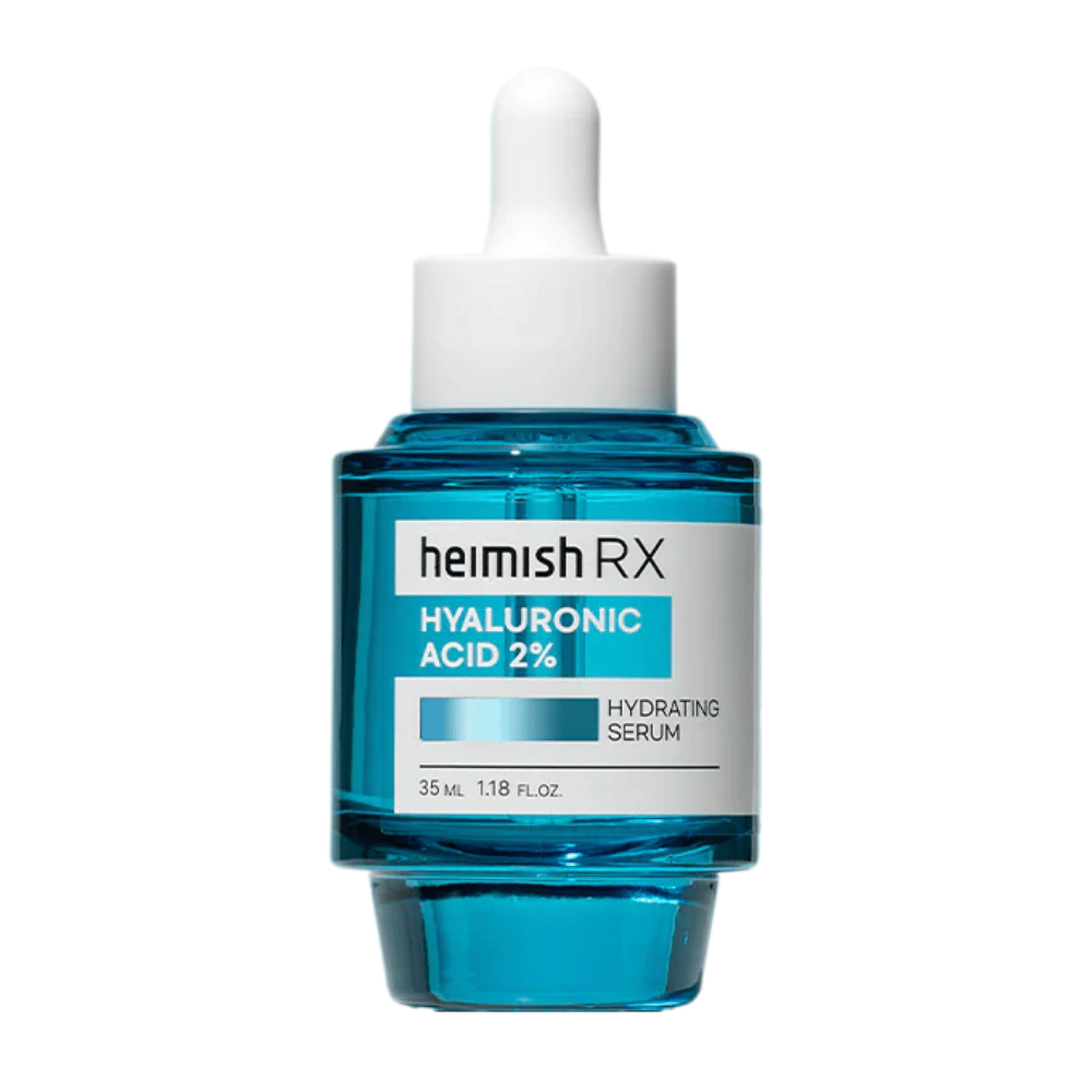 Heimish RX Hyaluronsyre 2% Fugtighedsserum i en blå glasflaske med pipettelåg, designet til intensiv fugtning af huden.