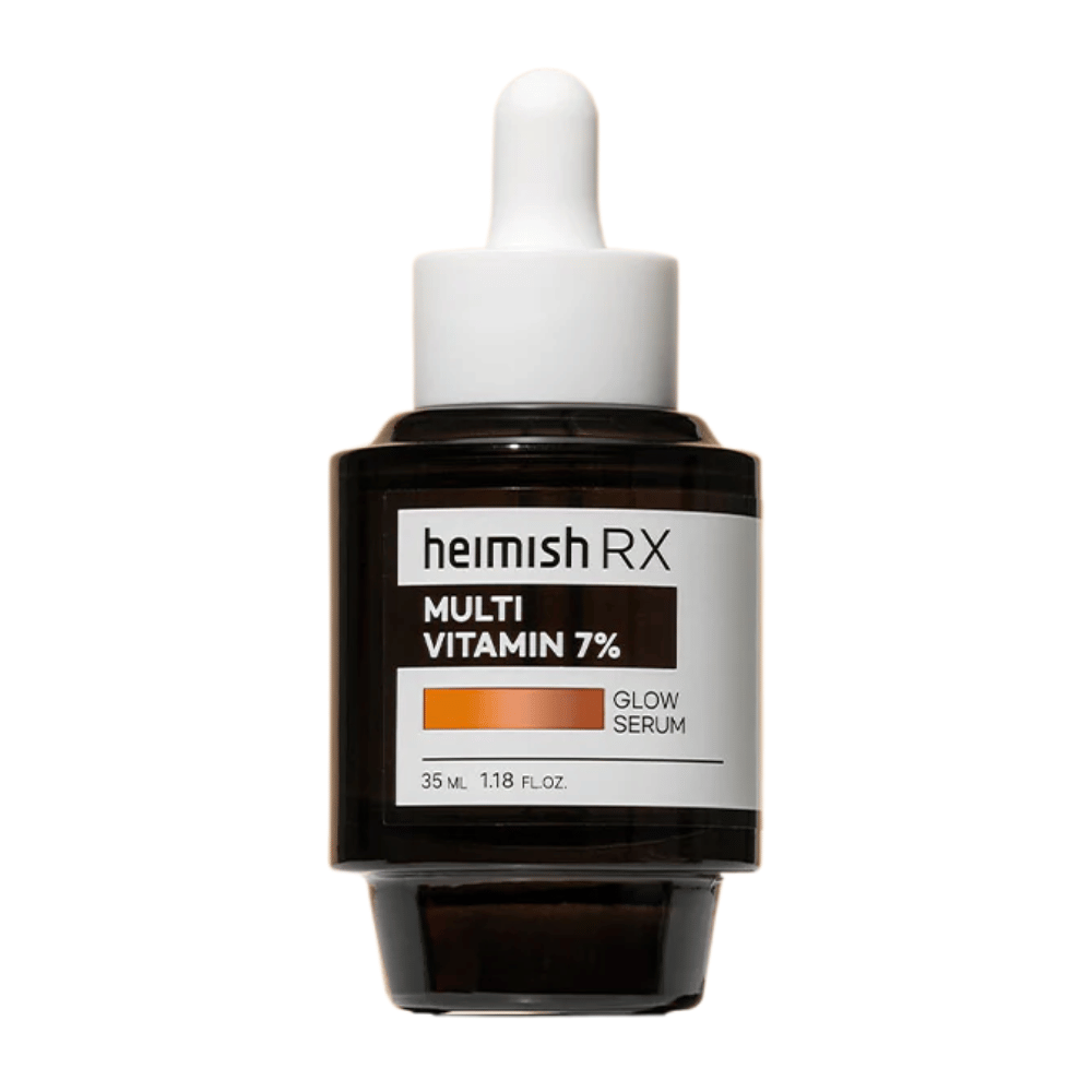 Heimish RX Multi Vitamin 7% Glow Serum i en mørk glasflaske med pipettelåg, designet til at give glans og næring til huden.