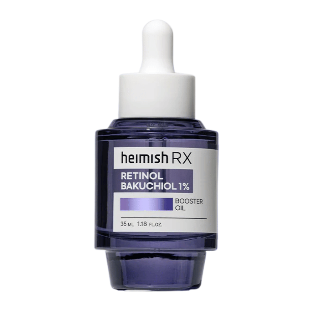 Heimish RX Retinol Bakuchiol Booster Oil i en elegant lilla glasflaske med pipette, designet til at forbedre hudens elasticitet og reducere fine linjer.