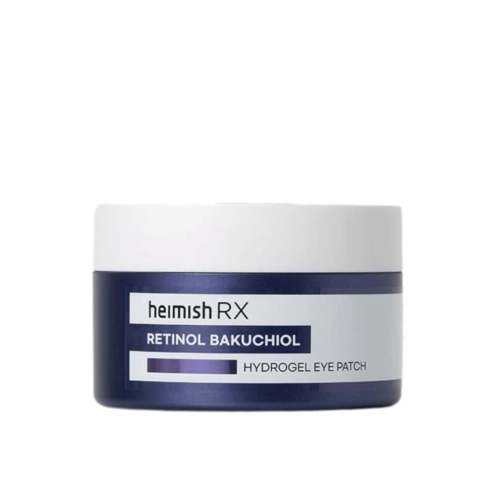 Heimish RX Retinol Bakuchiol Hydrogel Eye Patch i en mørkeblå dåse med hvidt låg. Intensivt fugtgivende og opstrammende øjenlapper for et mere ungdommeligt look.
