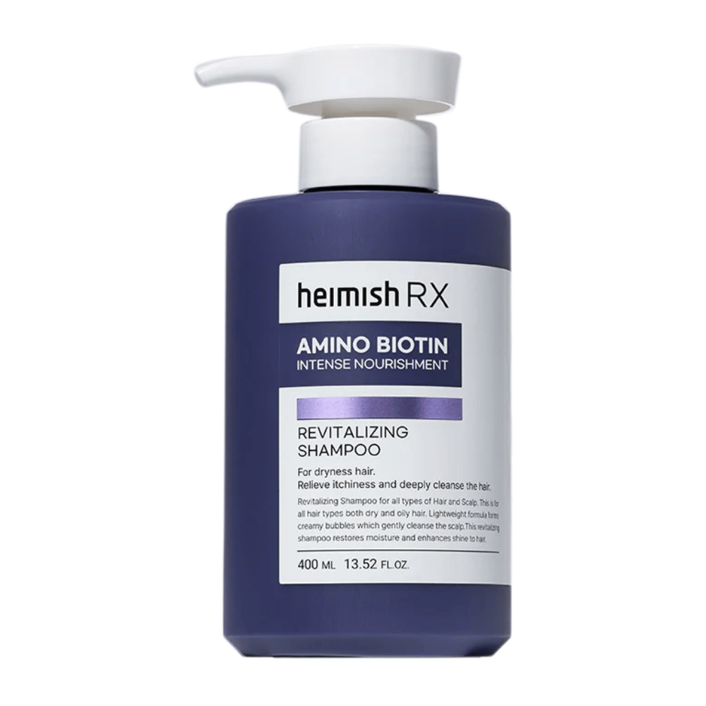 Heimish RX Amino Biotin Revitalizing Shampoo 400 ml – nærende shampoo til tørt og livløst hår, med biotin og aminosyrer for at styrke og fugte hår og hovedbund.