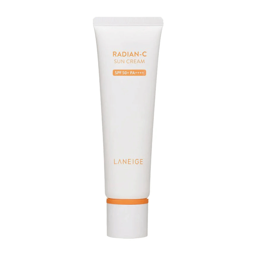 LANEIGE Radian-C Sun Cream SPF 50+ PA++++ i hvid tube med orange tekst, frilagt mod hvid baggrund.