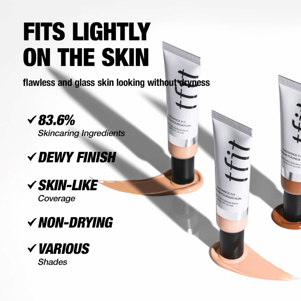 Tuber af TFIT Radiance Fit Serum Foundation placeret ovenpå foundationcreme med tekst, der fremhæver produktets egenskaber, inklusive fugtgivende ingredienser, dugfrisk finish og hudlignende dækning.