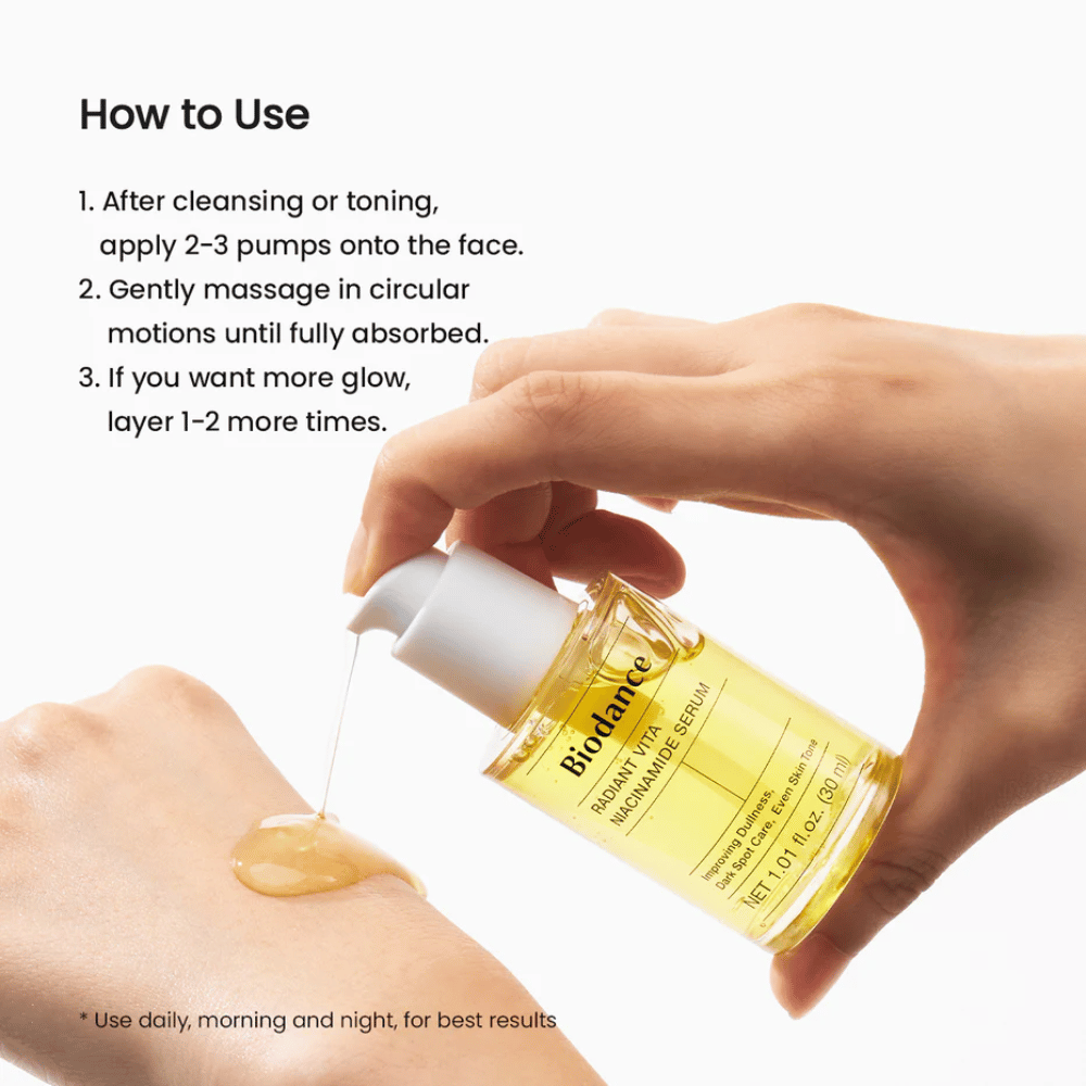 Biodance Radiant Vita Niacinamide Serum påføres på hånden – hvordan du bruger serumet efter rengøring for jævnere hudtone og glød