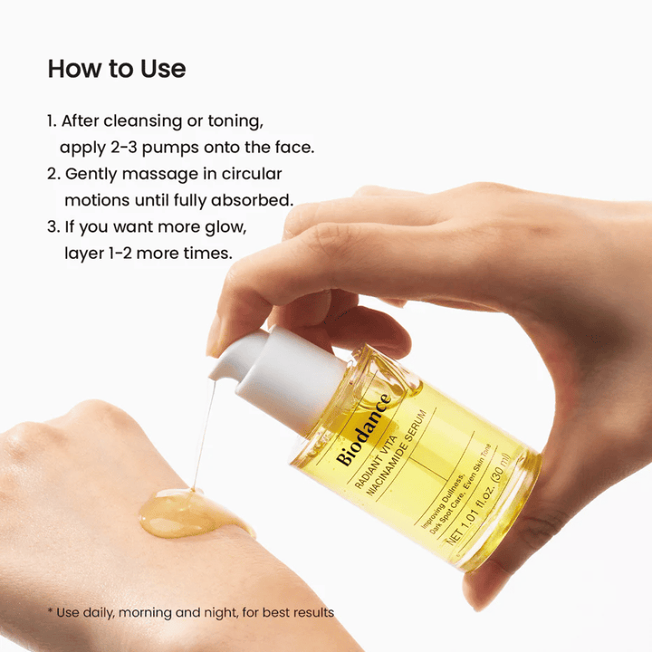 Biodance Radiant Vita Niacinamide Serum påføres på hånden – hvordan du bruger serumet efter rengøring for jævnere hudtone og glød