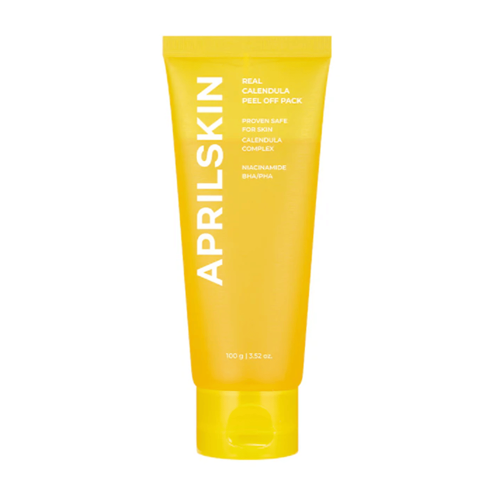 Billedet viser en gul tube med "Real Calendula Peel Off Pack" fra APRILSKIN. Produktet indeholder ingredienser som morgenfrue, niacinamid samt BHA og PHA for at eksfoliere huden skånsomt.