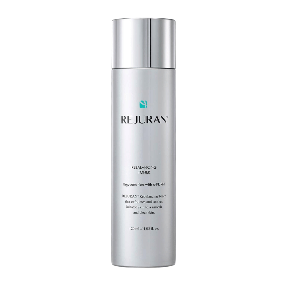 Rejuran Rebalancing Toner 120 ml, balancerende ansigtstoner med C-PDRN i en sølvfarvet flaske med blankt låg mod hvid baggrund.