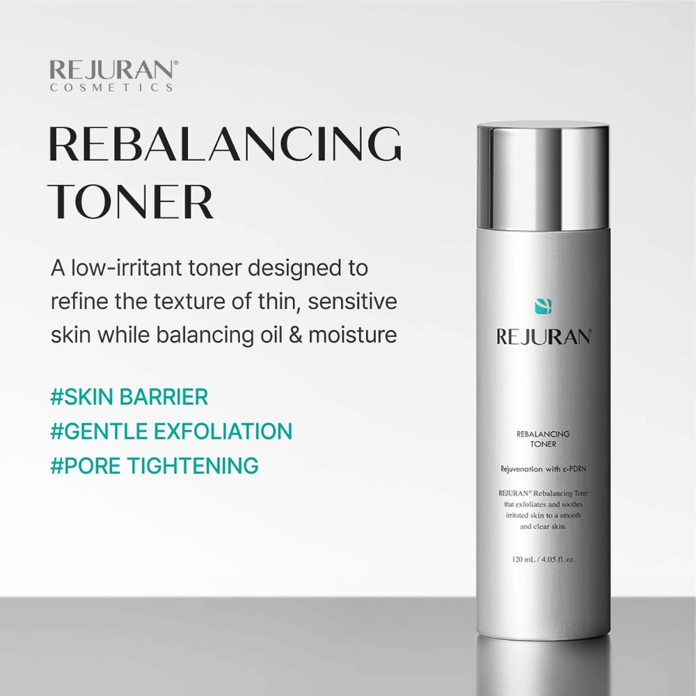 Rejuran Rebalancing Toner 120 ml, mildt eksfolierende ansigtstoner med C-PDRN til sensitiv hud. Sølvfarvet flaske med produktfordele.