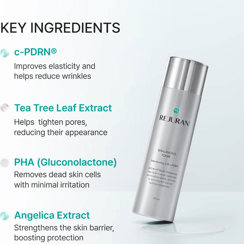 Rejuran Rebalancing Toner 120 ml med C-PDRN, tea tree-ekstrakt, PHA og kvanekstrakt. Sølvfarvet flaske med ingrediensoversigt.