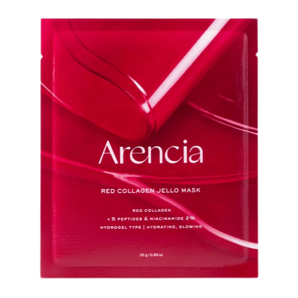 Nærbillede af Arencia Red Collagen Jello Mask der viser den gelélignende konsistens og serumrige maske til intensiv kollagenpleje.