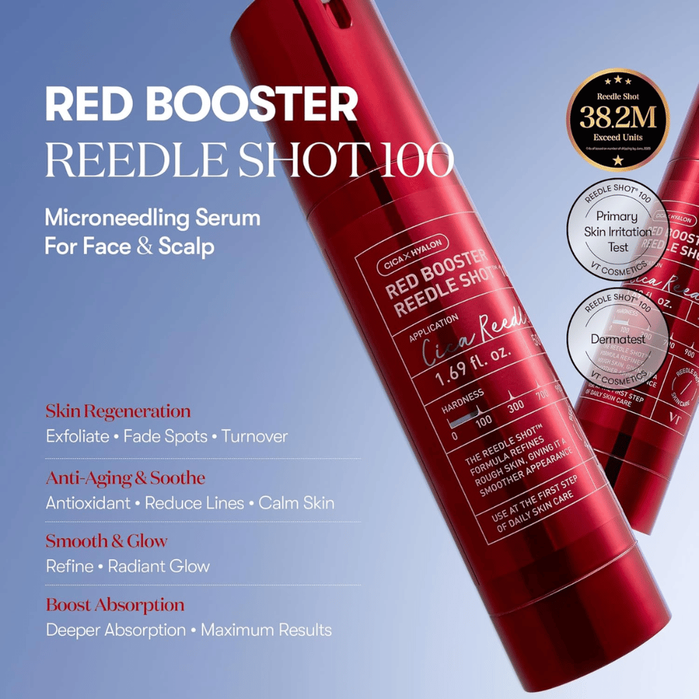 VT Cosmetics Red Booster Reedle Shot 100 microneedling-serum til ansigt og hovedbund, designet til hudfornyelse, øget absorption, anti-age-effekt, jævnere hudtone og naturlig glød.
