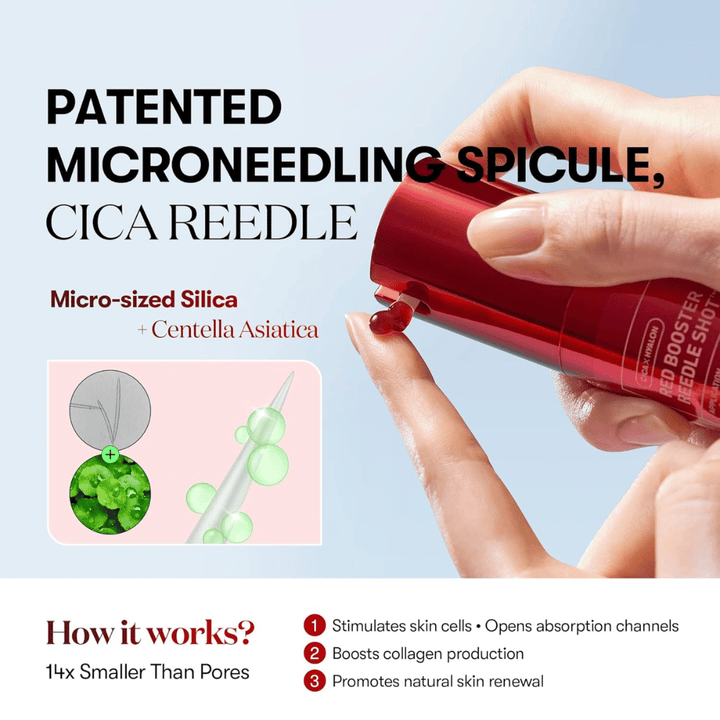 Nærbillede af VT Cosmetics Red Booster Reedle Shot 100 der viser patenteret microneedling-spicule med CICA Reedle, mikroskopisk silica og Centella Asiatica, som stimulerer hudfornyelse og kollagen.