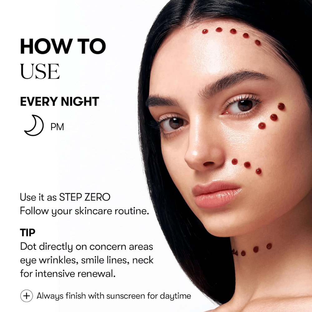 Model viser, hvordan VT Cosmetics Red Booster Reedle Shot 100 påføres punktvis i ansigtet om aftenen, som første trin i hudplejerutinen, for intensiv fornyelse af rynker, linjer og hudstruktur.