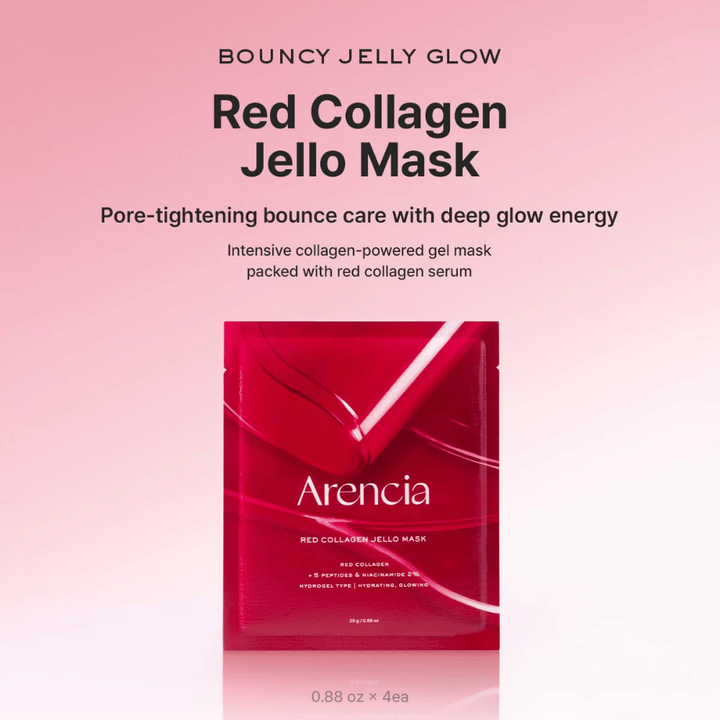 Arencia Red Collagen Jello Mask i originalemballage – koreansk hydrogelmaske med rødt kollagen og peptider til plumpet, fugtet og strålende hud.