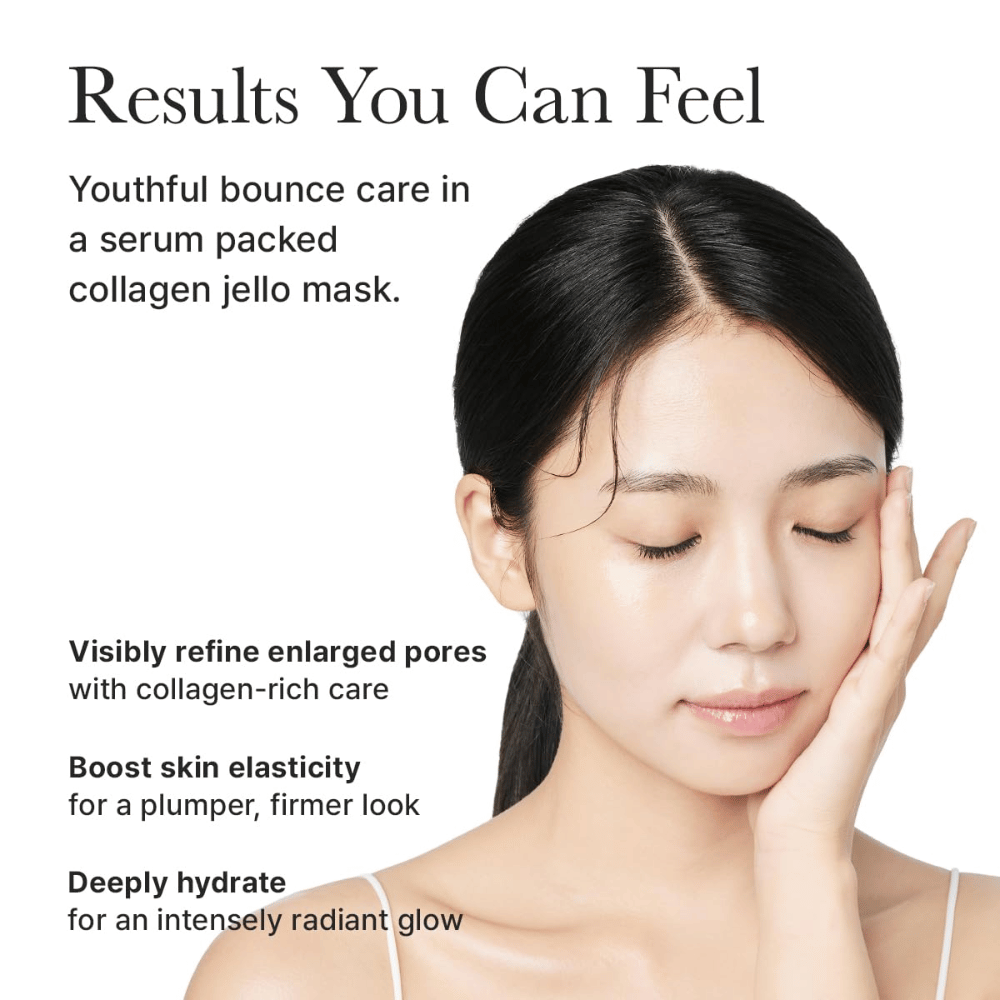 Resultater af Arencia Red Collagen Jello Mask – synligt fastere hud, forbedret elasticitet, minimerede porer og intensiv fugt med glød.