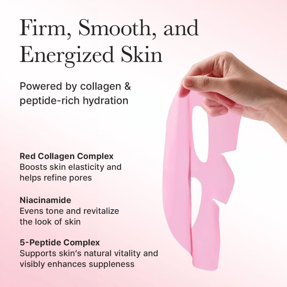 Fordele ved Arencia Red Collagen Jello Mask – beriget med rødt kollagen, niacinamid og peptider som styrker elasticitet, udjævner hudtone og giver energi til huden.