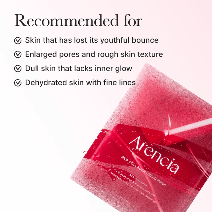 Arencia Red Collagen Jello Mask anbefales til træt hud, forstørrede porer, ujævn hudstruktur og udtørret hud med fine linjer.