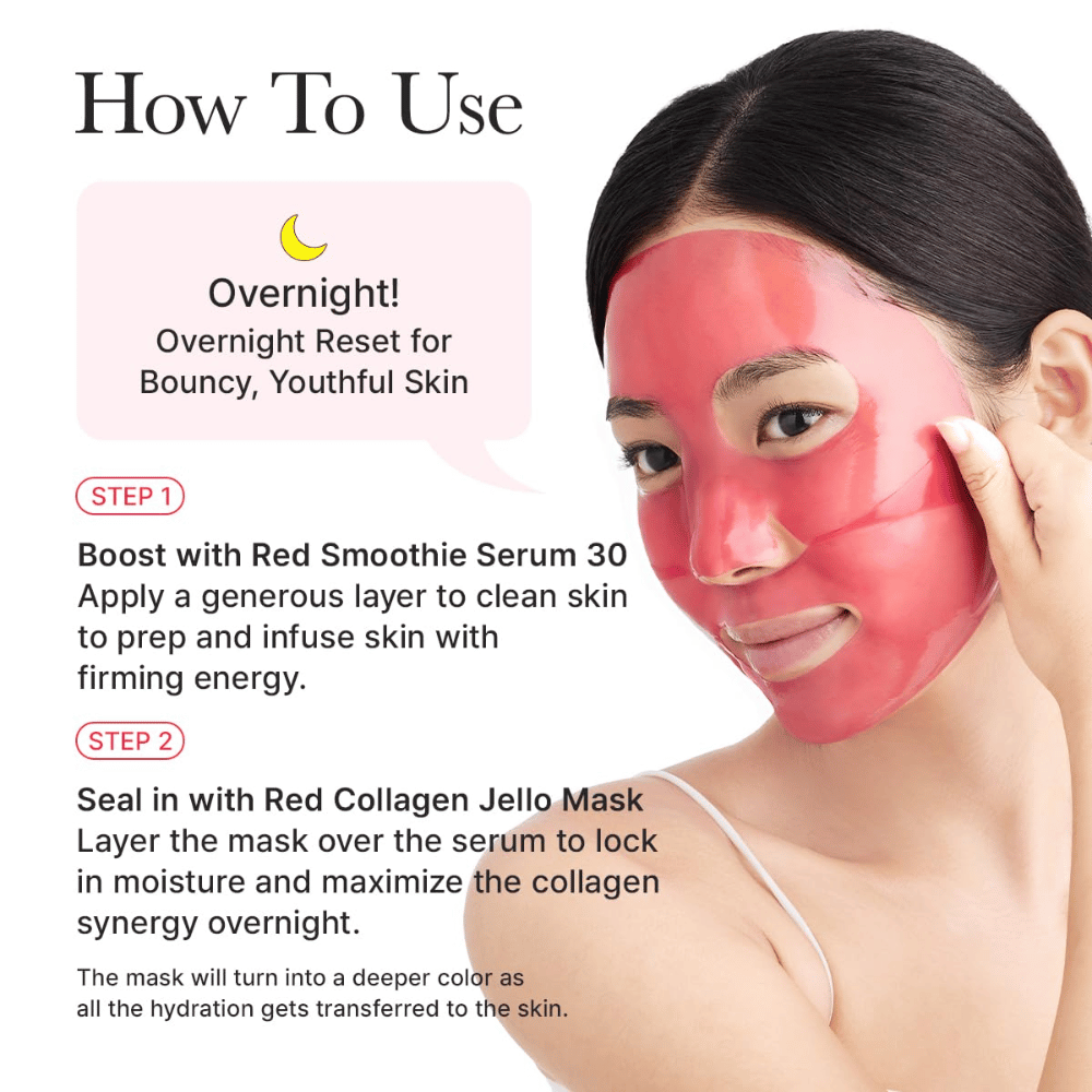Brugsvejledning til Arencia Red Collagen Jello Mask som natmaske – påføres efter serum for at give fasthed, dyb fugt og ungdommelig hud natten over.