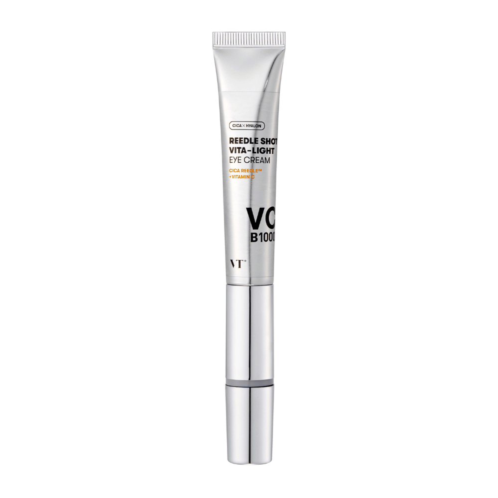 VT Reedle Shot Vita-Light Eye Cream i sølvemballage med CICA, vitamin C og fugtgivende ingredienser for at lysne og berolige området under øjnene.