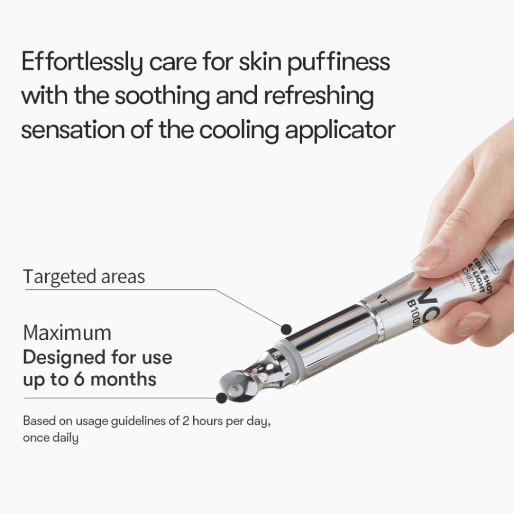 VT Reedle Shot Vita-Light Eye Cream med kølende applikator, der reducerer hævelse og giver en forfriskende følelse ved anvendelse omkring øjnene.