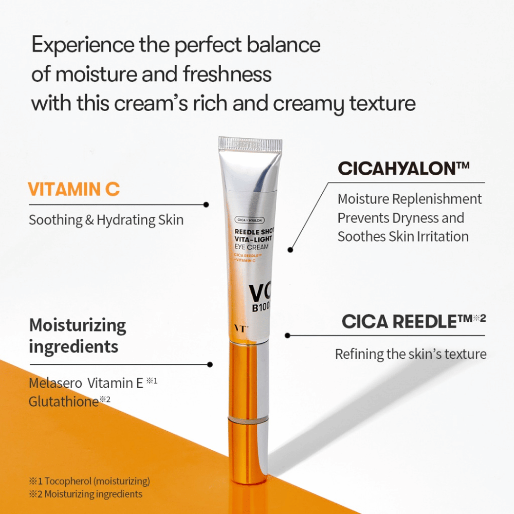 VT Reedle Shot Vita-Light Eye Cream med vitamin C, E og CICA-kompleks – øjencreme i metallisk tube, der fugter, beroliger og forbedrer hudens struktur.
