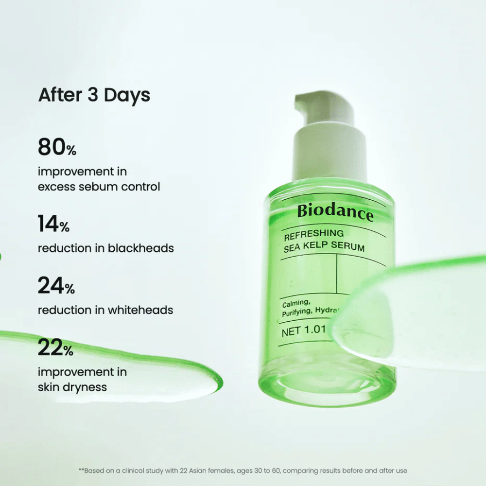 Resultat efter 3 dage med Biodance Sea Kelp Serum – reduceret talgproduktion og mindskede hudorme.