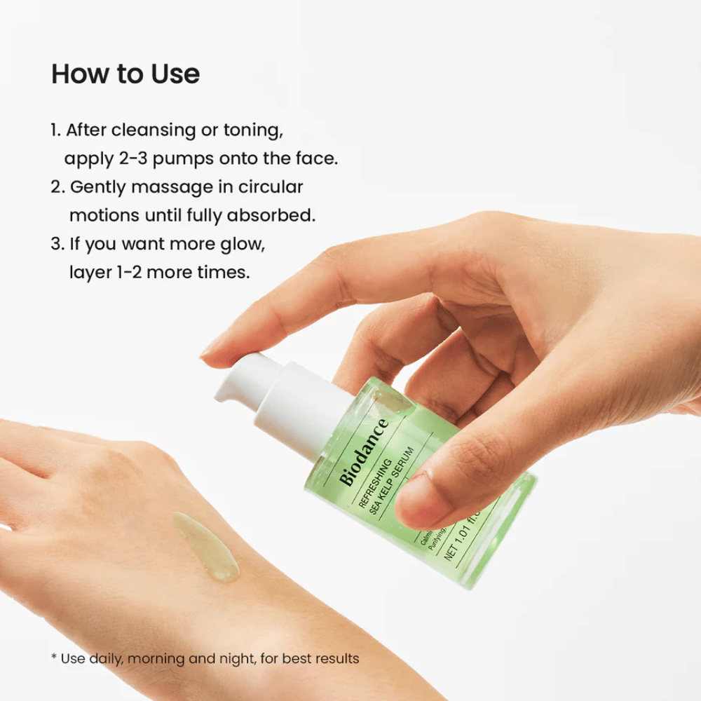 Biodance Refreshing Sea Kelp Serum påføres på hånden – beroligende og talgregulerende serum med tang.
