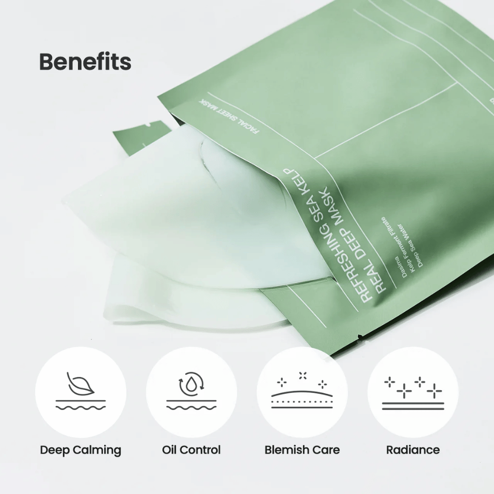 Fordele ved Refreshing Sea Kelp Real Deep Mask:
🌿 Dyb beroligende effekt
💧 Oliekontrol
✨ Blemish-pleje
🌟 Glød og strålende hud