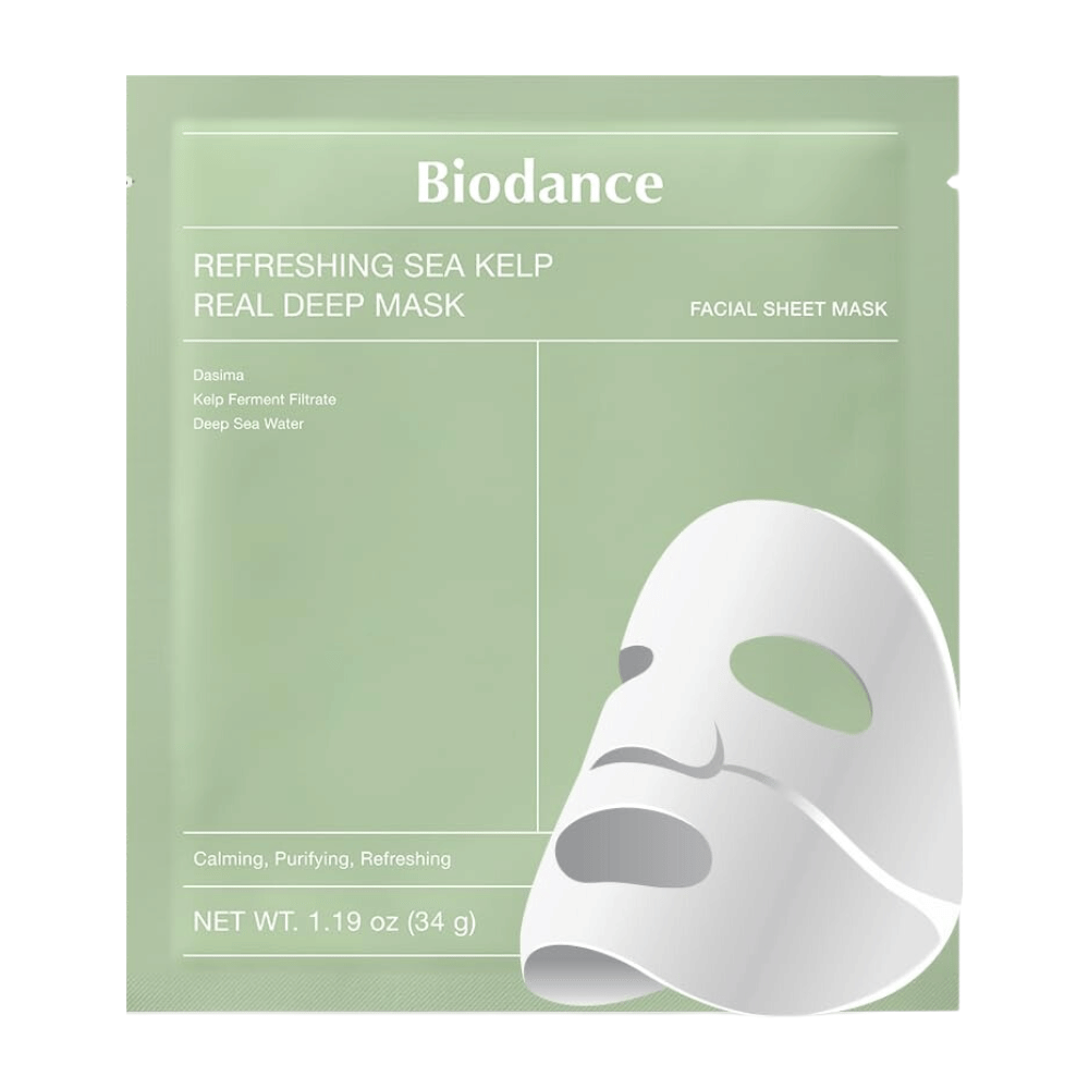 Biodance Refreshing Sea Kelp Real Deep Mask – en beroligende og fugtgivende ansigtsmaske med fermenteret tang og dybhavsvand. Renser, balancerer og giver huden en frisk glød.